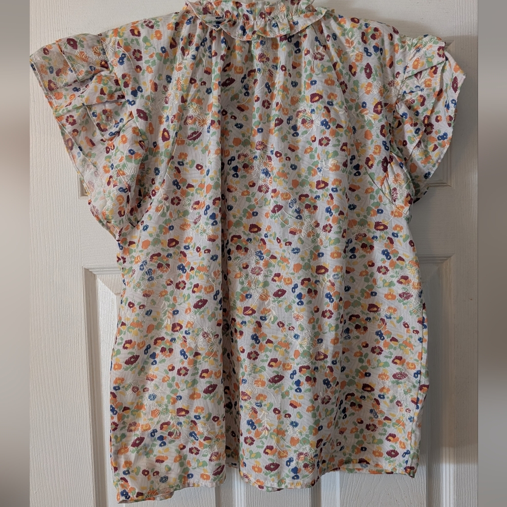 Rain Floral Ruffle Cap Sleeve Tie-Neck Blouse - Picture 7 of 7